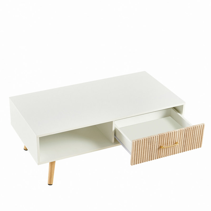 Boho Rectangle Coffee Table with Solid Wood Legs & Sliding Storage Drawer, Modern Living Room or Office Center Table