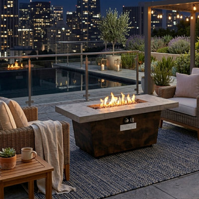 Amish 42'' W Long Faux Cement And Wood Grain Propane Outdoor Fire Pit Table With Lid And Cover