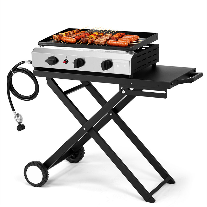 3 Burner Foldable Propane Griddle Rolling Flat Top Gas Grill With Wheels For Outdoor Cooking Camping