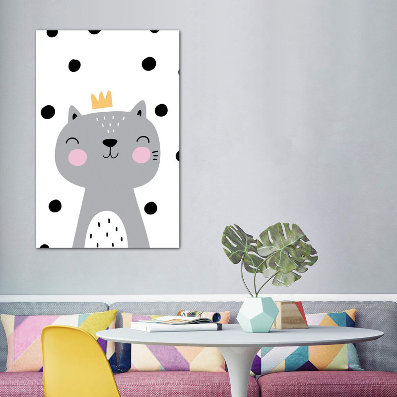Chat avec couronne gris à pois - impression d'art graphique, H 60 po x l 40po x P 1,5 po, Toile tendue, Pas de tapis