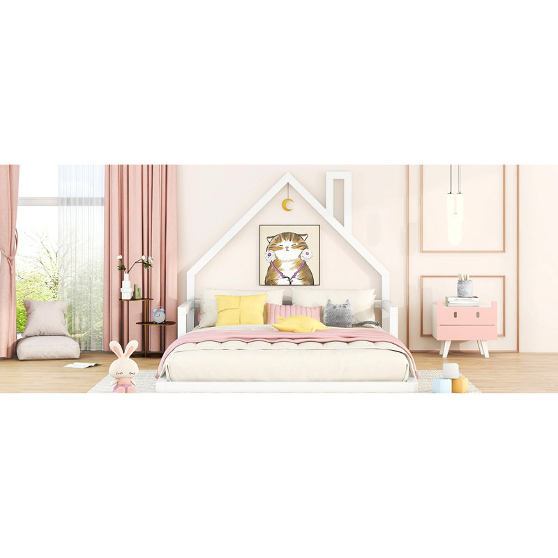 Full Size Wood Bed With Appealing House-Shaped Headboard In White Tone - Build Floor, Full, White