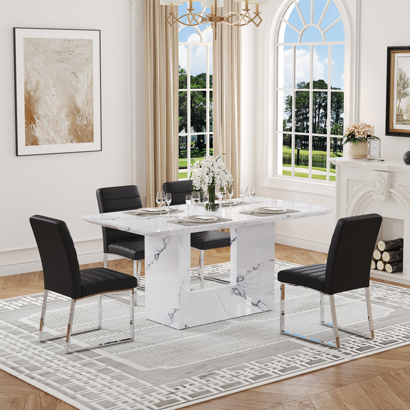 Ensemble de table de salle à manger de 63 po avec chaises en simili-cuir, pour 4 ou 63 po, Noir, 5 pièces: table, 4 chaises