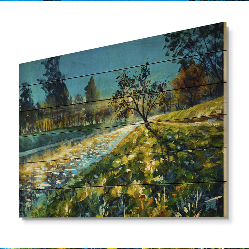 Peinture sur bois Sunsert On Forest - Art mural traditionnel en bois - Bois de pin naturel, H 8 po x l 12 po x P 1 po