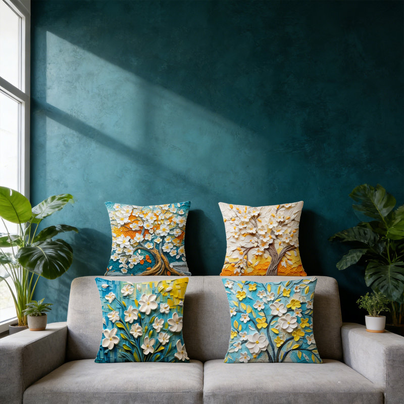 Vintage Oil Painting Tree Throw Pillow Cover Set of 4, Flower Oil Painting Throw Pillow Covers, Square Home Decorative Cushion Cover for Sofa Couch Car (No pillow)