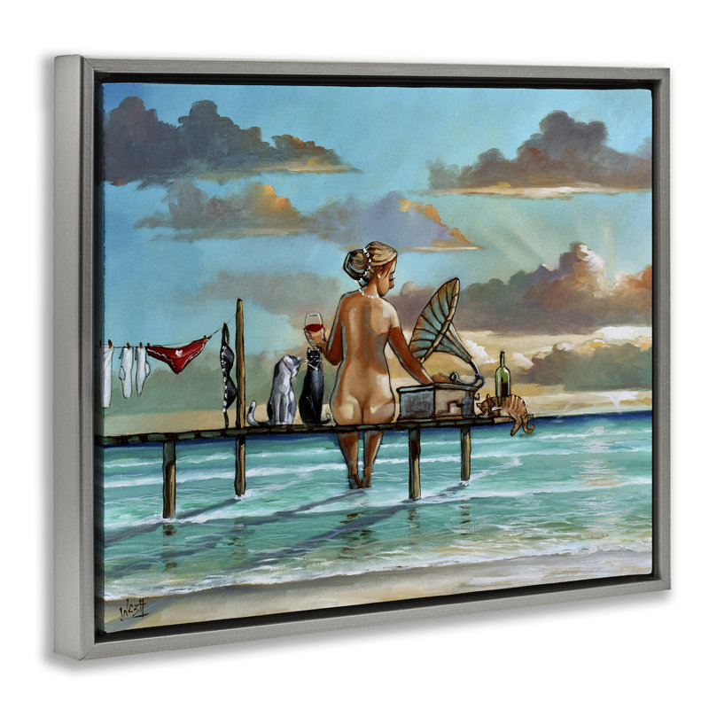 Cadre flottant «Woman & Cats Beach Sunset», design par Ronald West, H 25 po x l 31 po, Cadre flottant gris lustré