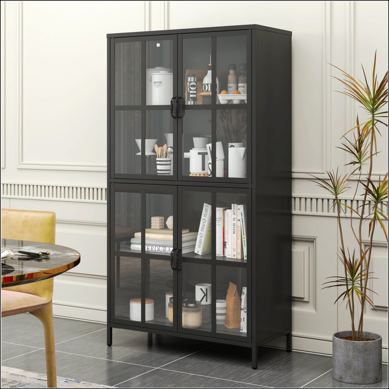 Armoire de rangement en métal noir de qualité supérieure avec portes en verre trempé, Blanc