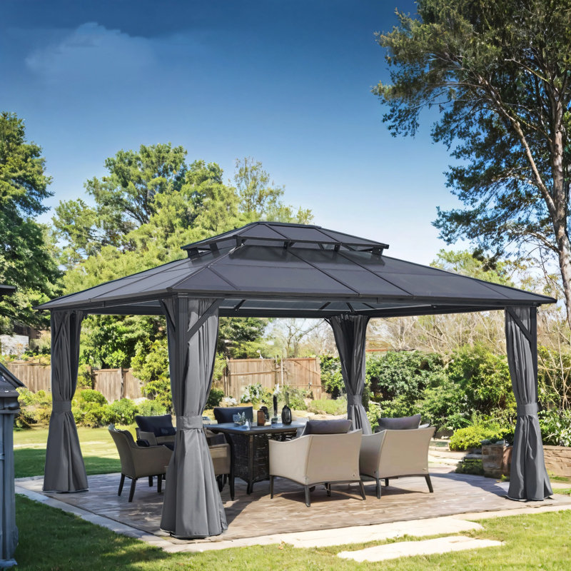Pavillon de jardin extérieur avec toit en polycarbonate de protection contre les rayons UV, Gris