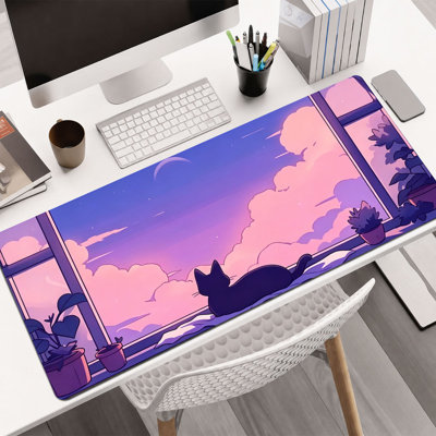 Tapis de souris en caoutchouc, surface lisse en microfibre, base antidérapante, bords arrondis, motif chat violet et vue depuis la fenêtre, idéal pour le bureau et les jeux.