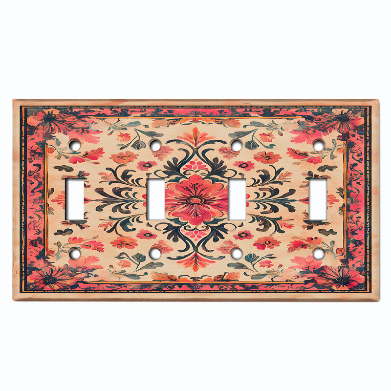 Couvercle de plaque d'interrupteur en métal; Bascule à 4 bandes US standard - damas floral, # 4 Quad bascule