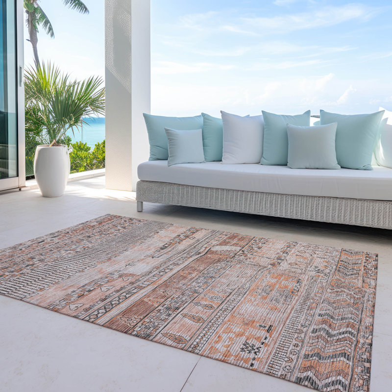 Machine Washable Indoor/Outdoor Xhevrie Terracotta Rug, Rectangle 10' x 14'