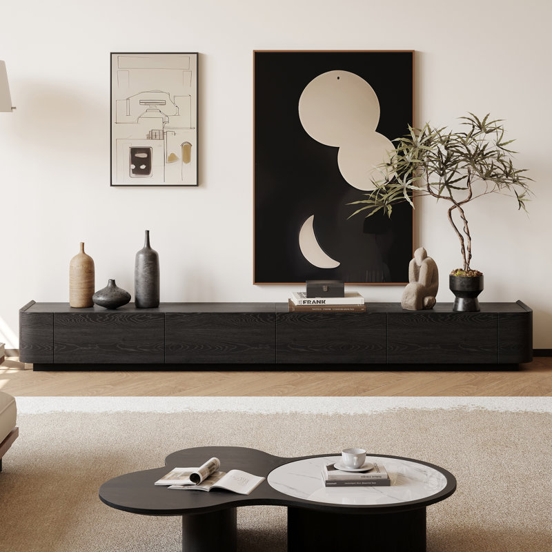 Meuble télé 94,5 po avec rangement et 4 tiroirs Lydiane, finition bois noir, Noir, 94,5 po L