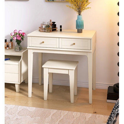 Cream White Vanity Table Set With Two Drawers And Matching Stool