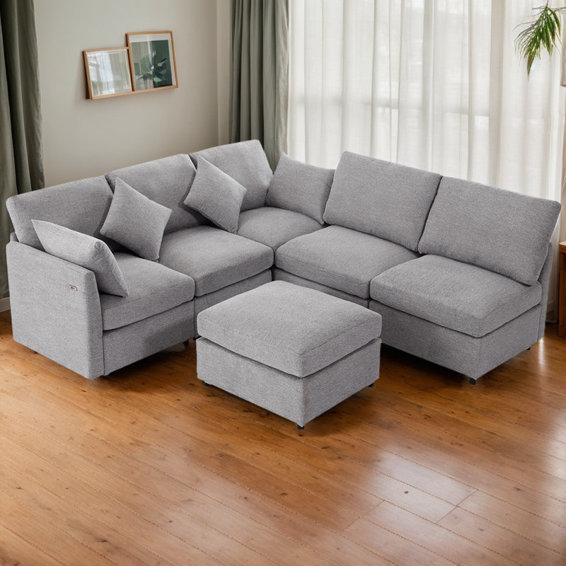 Canapé modulaire convertible avec fonction couchette et chargement USB, repose-pieds mobile, Gris chenille