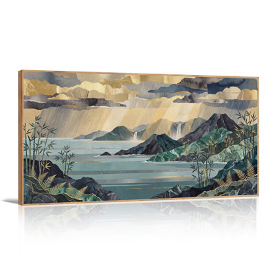 «Teal Lake and Mountains with Gold Foil Accents», art mural sur toile