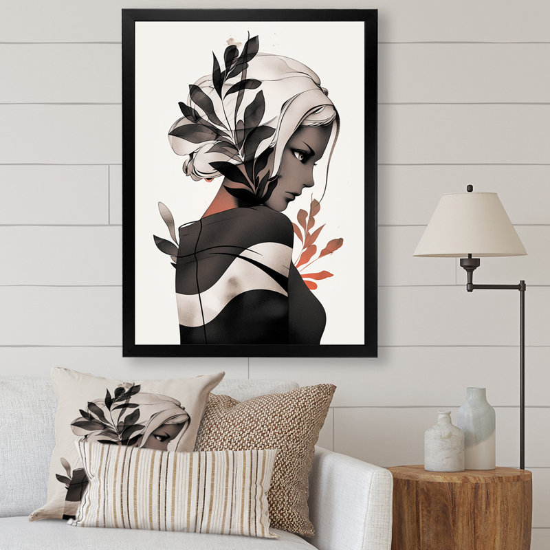 Dessin de femme tropicale, dessin I, Cadre simple noir, H 32 po x l 16 po x P 1 po