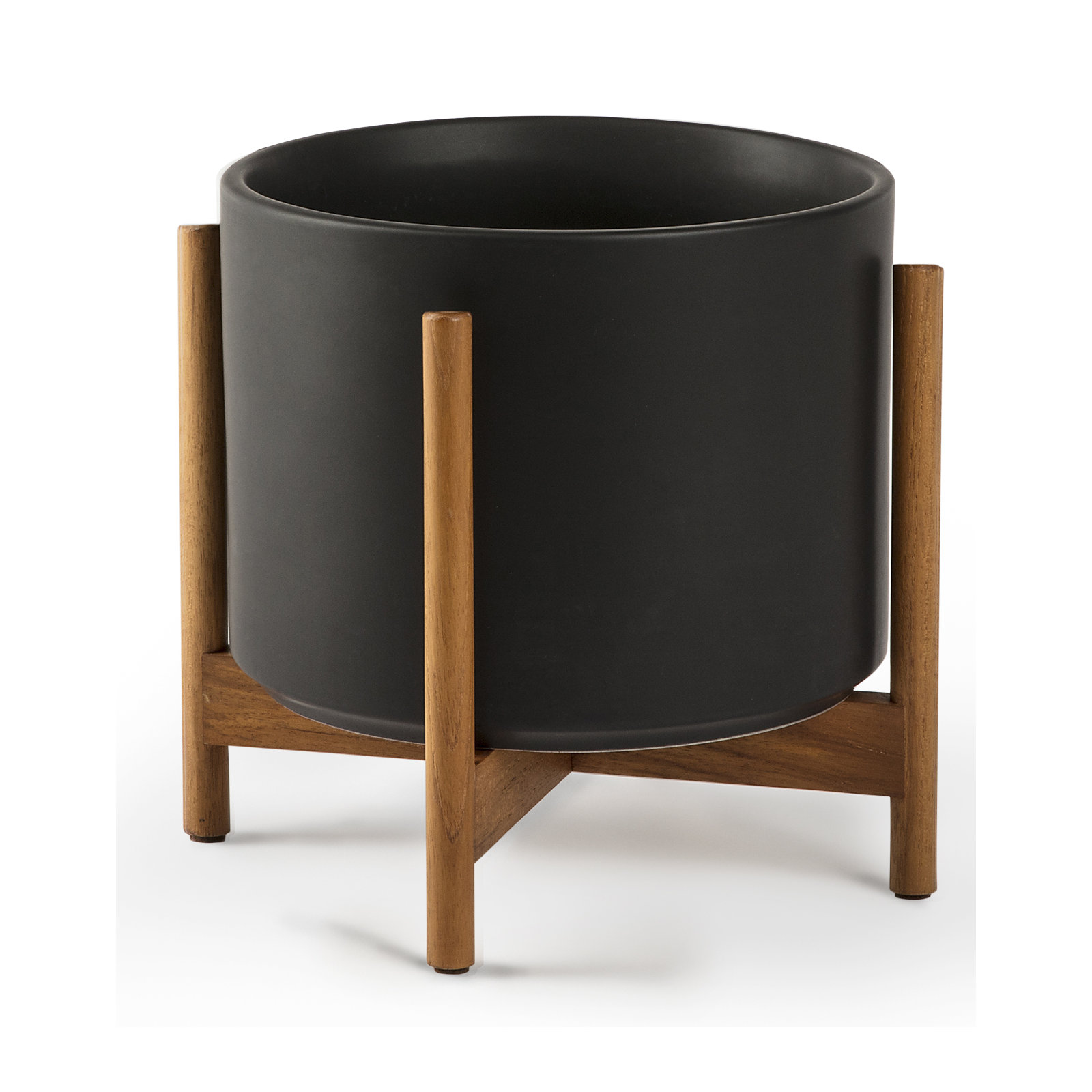 Riverside Handmade Ceramic Pot Planter, Black/Teak, 8.75" H x 9.5" W x 9.5" D
