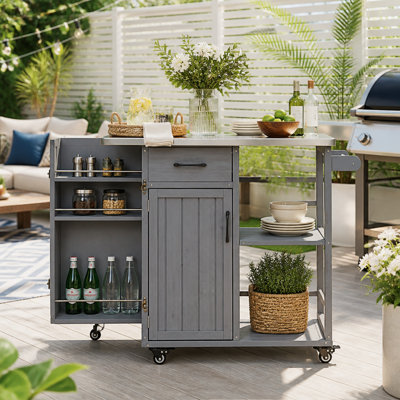 Sturdy Fir Wood Outdoor Kitchen Island with Stainless Top