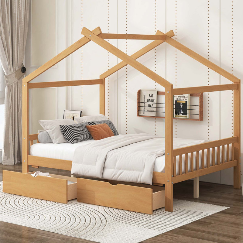 House Platform Bed with Two Drawers, Natural