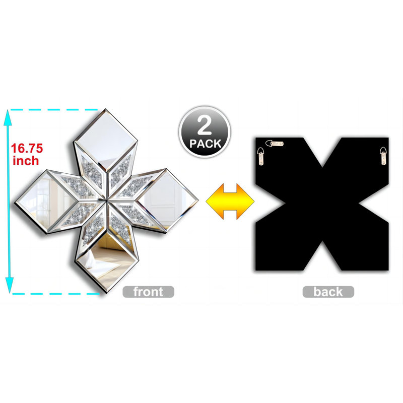 Crushed Diamond Decorative Mirror 2 Pack 16.75X16.75” Diamond Shape Glass Decor Wall Mirror For Home Decor, Accent Mirror