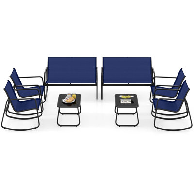 8 Pcs Patio Rocking Set 4 Rocking Chairs & Loveseat With Glass-top Table Outdoor