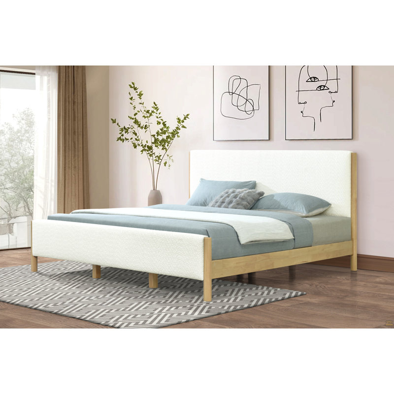 Lit tapissier Boucle avec pieds en bois d'hévéa, très grand