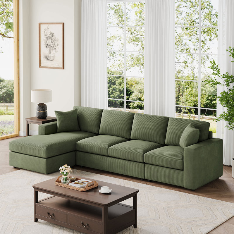 3 - Piece Corduroy Upholstered L-Shaped Sectional, Green Corduroy