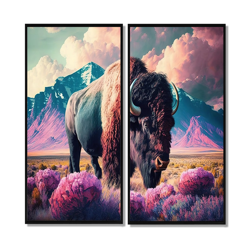 Buffalo avec paysage - crème, art mural moderne, H 20 po x l 24 po, Reproduction encadrée sans passe-partout, Noir