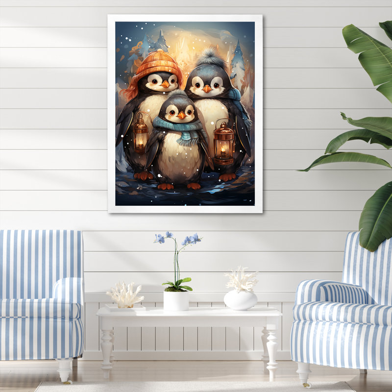 Fête de Noël hiver pingouin - art mural pingouin, Cadre flottant brun, H 32 po x l 16 po x P 1 po