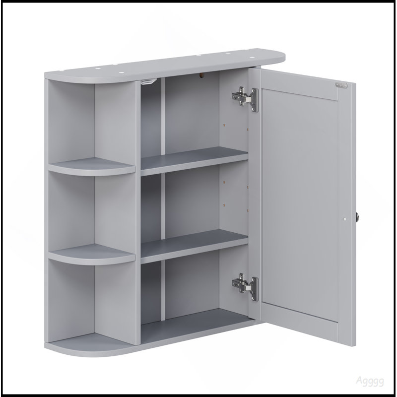 Armoire de rangement de salle de bain avec miroir, armoire à pharmacie avec tablette en bois réglable et portes, armoires de rangement montées avec 6 tablettes ouvertes, gris