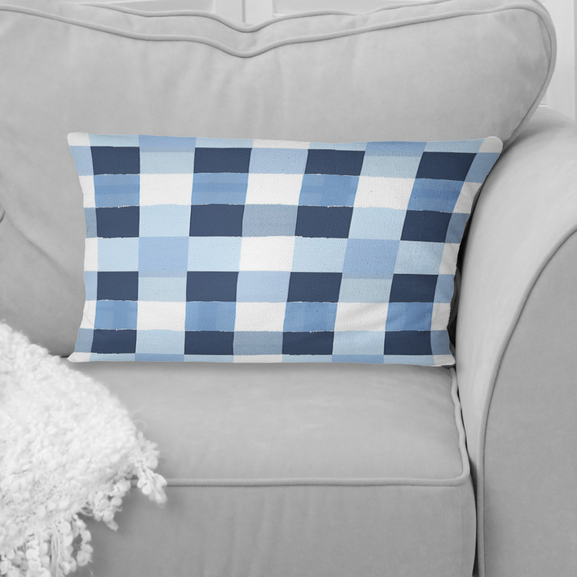 Design Art Blue White Gingham Print II Modern Lumbar Pillow