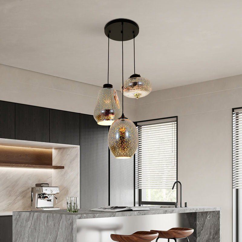 3 Light Dimmable Glass Pendant With 3 Different Lampshades