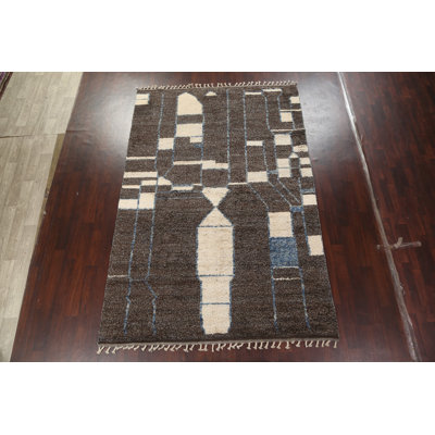 Tapis brun en laine noué à la main de conception unique 7 pi 2 po x 10 pi 10 po