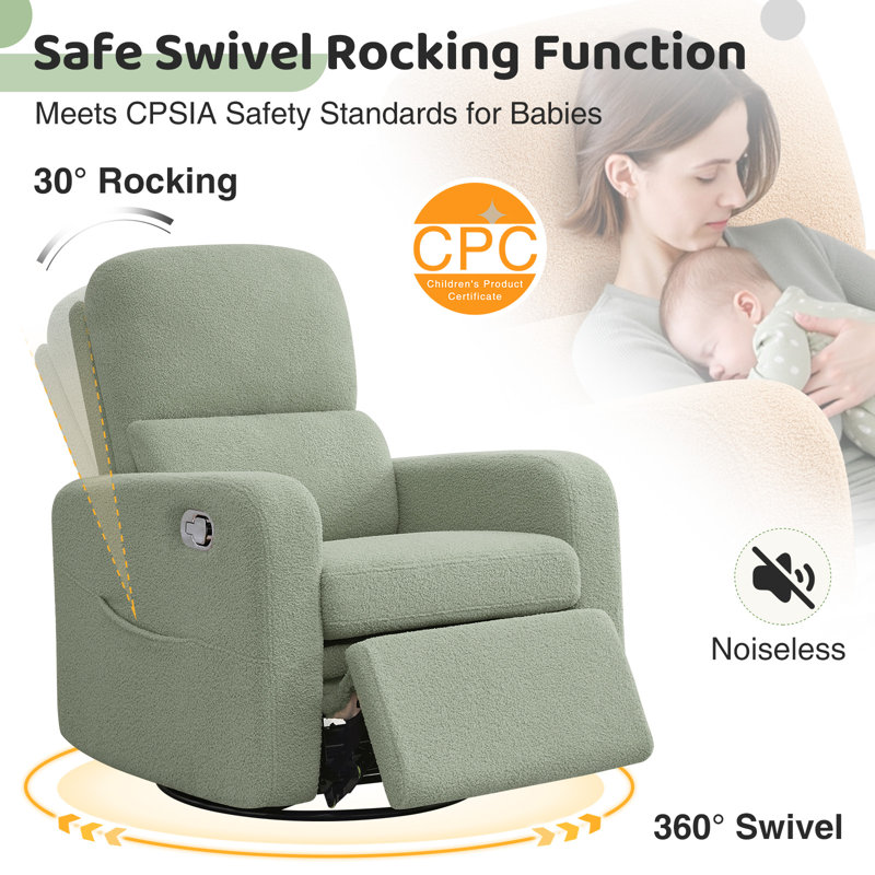 Reiby 36" Teddy Boucle Swivel Rocker Glider Recliner with Wider Armrest and Double Pocket, 360" Swivel Nursery Glider Recliner