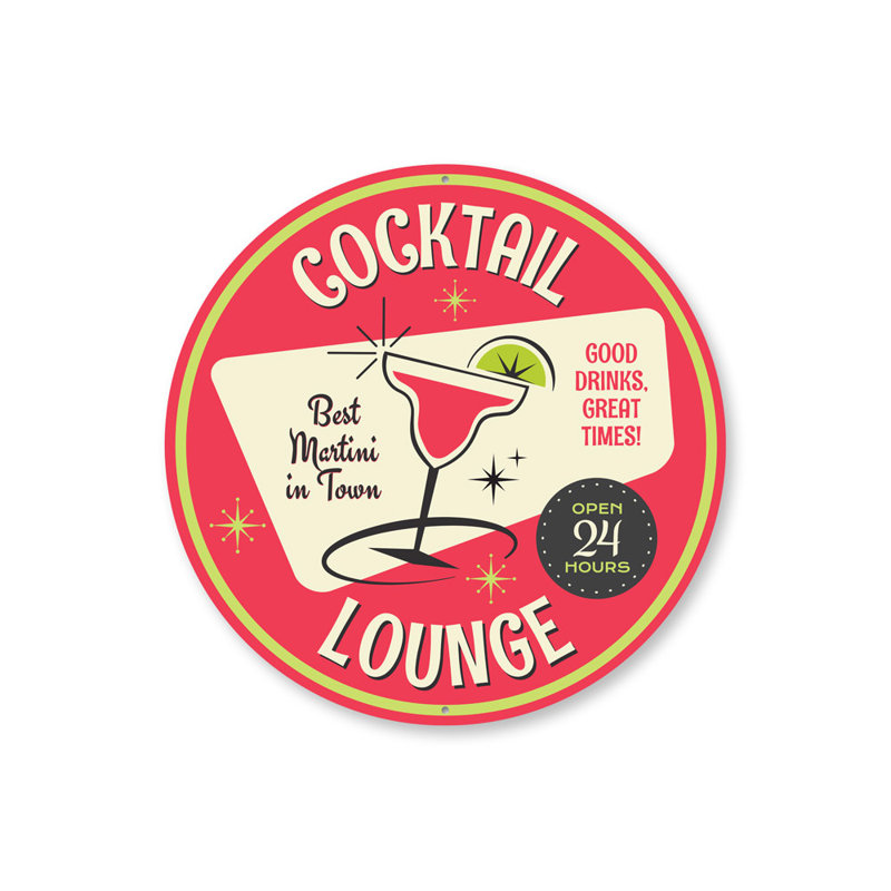 Enseigne de cocktail ouverte 24 heures en aluminium, H 12 po x l 12 po x P 0,04 po