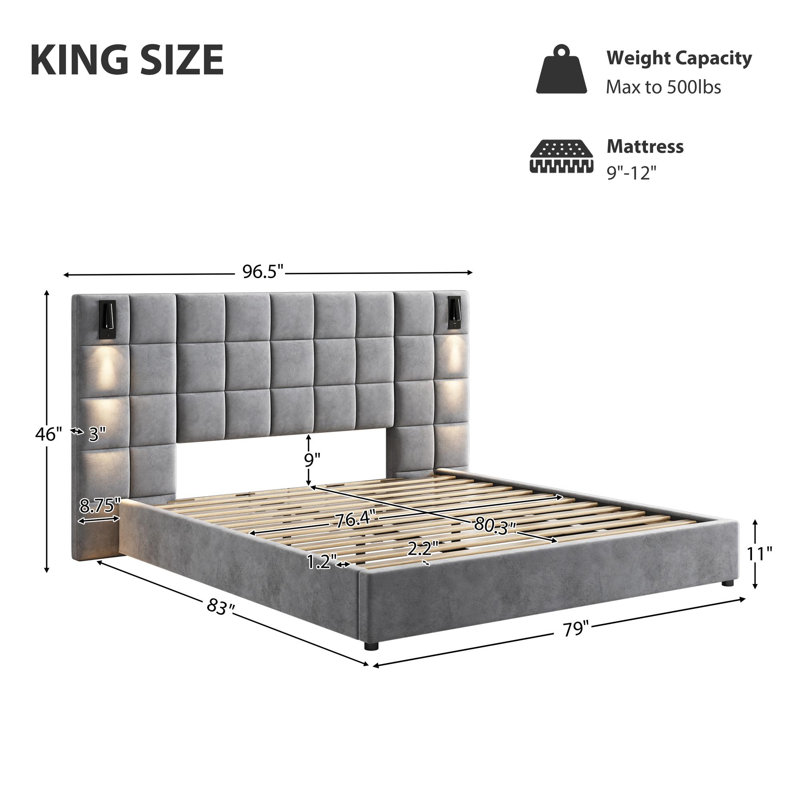 Upholstered bed,with reading lamp and USB port, wide headboard,without bedside tables and mattress, velvet, grey, King