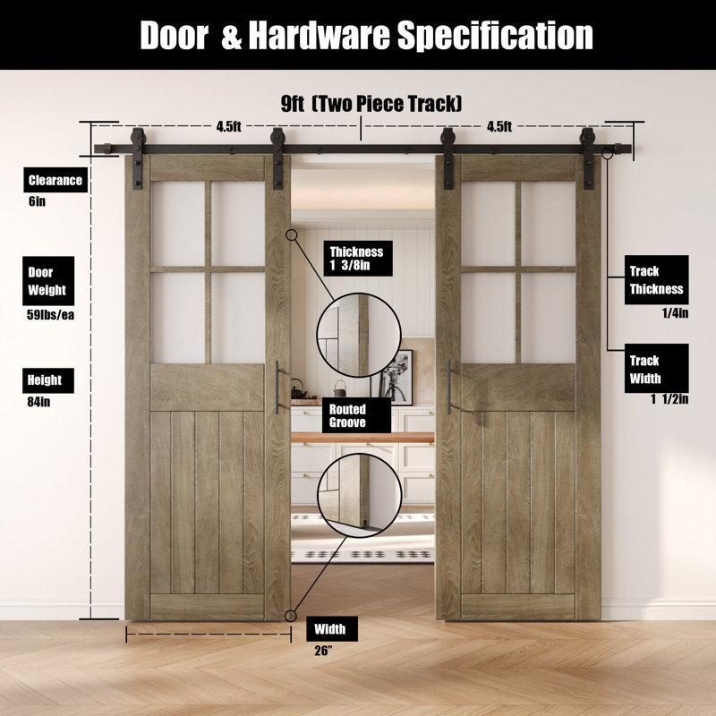 Portes de grange en verre givré non assemblées et finies avec ensemble de quincaillerie d'installation sans dérivation de 26 po x 84 po Homacer Classic Grey