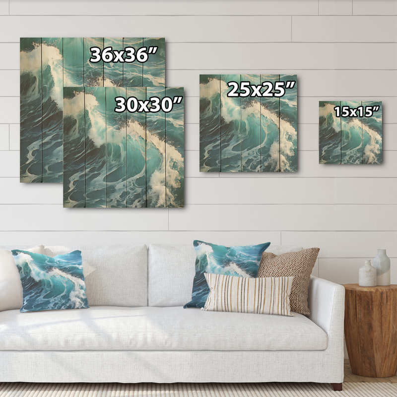 Fauvisme, vagues bleues - art en bois océan sur pin naturel, H 36 po x l 36 po