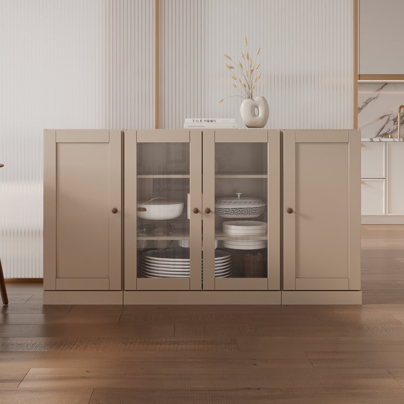 Buffet 100% bois massif 65 po avec verre transparent, portes Shaker et tablettes réglables, Beige