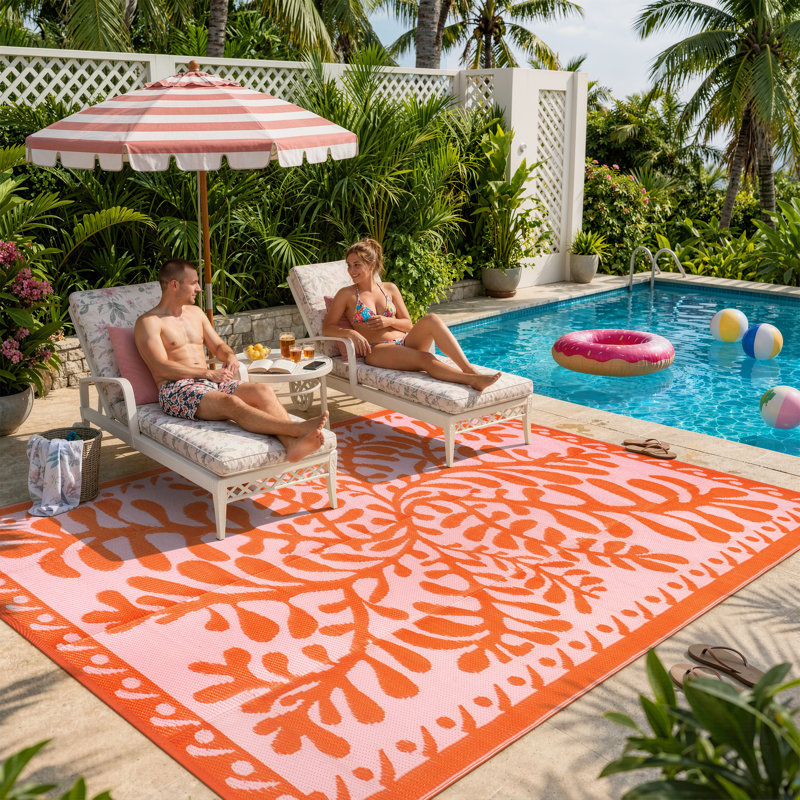Reversible Waterproof Plastic Straw Outdoor Area Rug for Patio, Camping, Beach,RV & Pool Deck, Rectangle 9' x 12', Orange