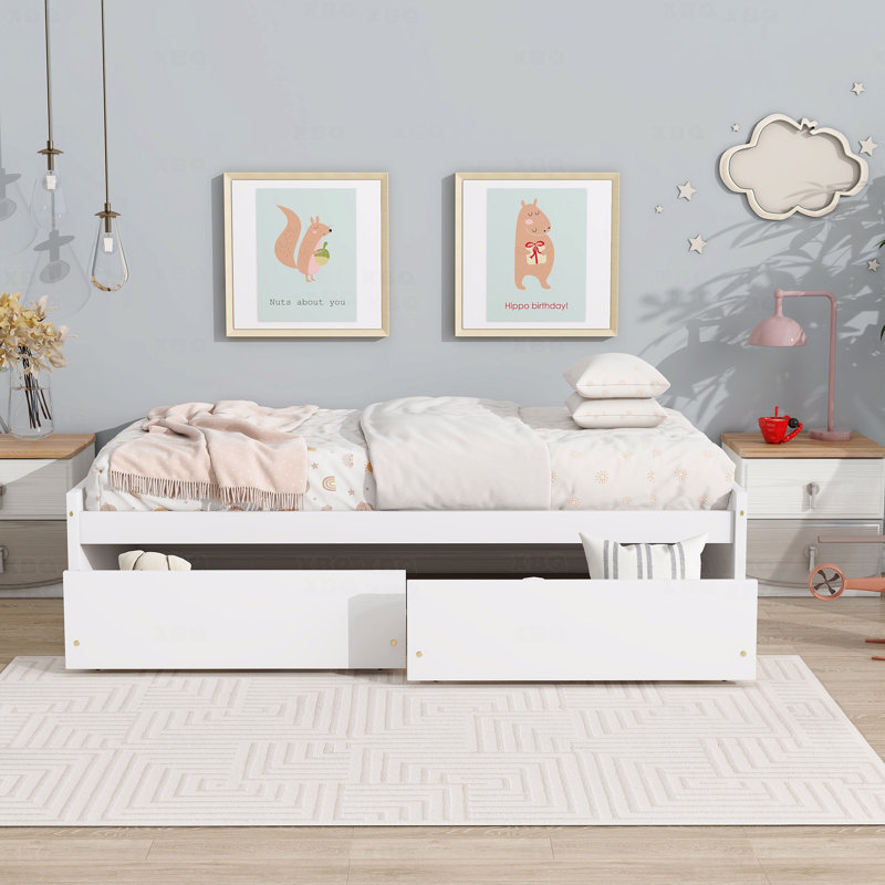 Lit simple, avec 2 tiroirs, en bois d'hévéa massif, Blanc