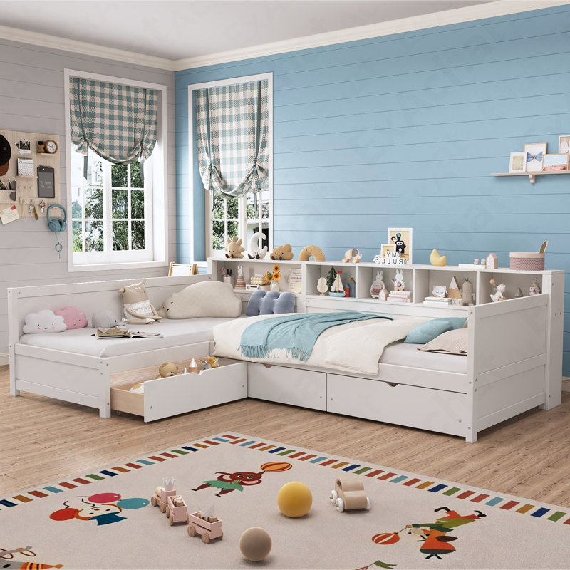Twin Size Day Bed For 2, L- Shape Twin Size Bed Frame With Storage 3 Drawers,  Wooden Corner Bed With Bookshelf, Corner Bed Frame For Bedroom, Living Room,White