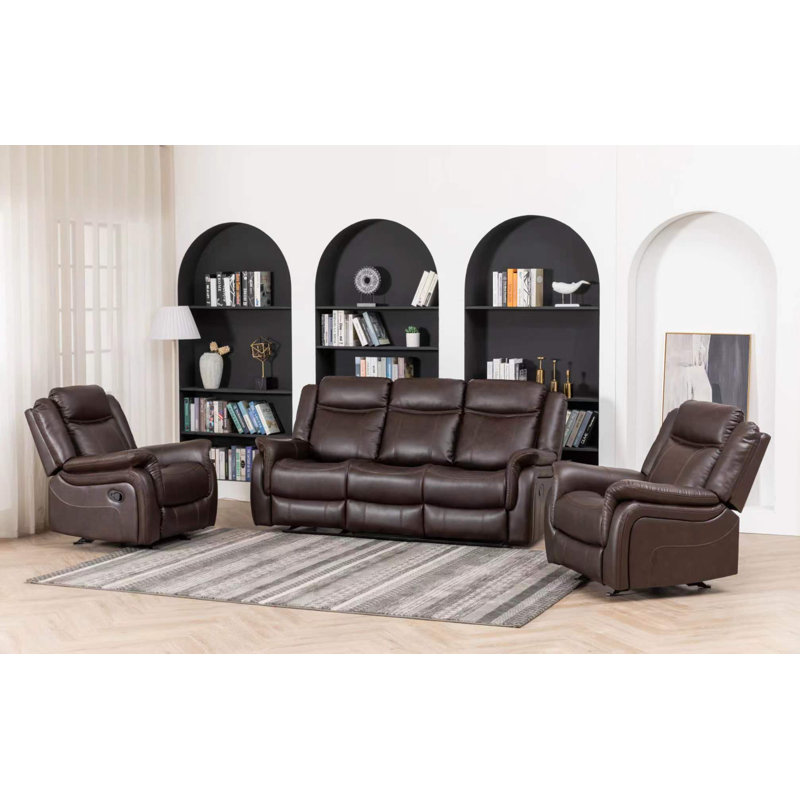 Ensemble de canapé inclinable manuel en similicuir avec porte-gobelet brun, Brun