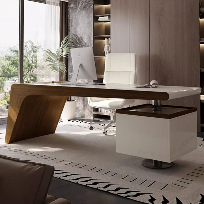 Bureau rectangulaire blanc en bois manufacturé blanc + brun noisette + acier inoxydable avec 2 tiroirs