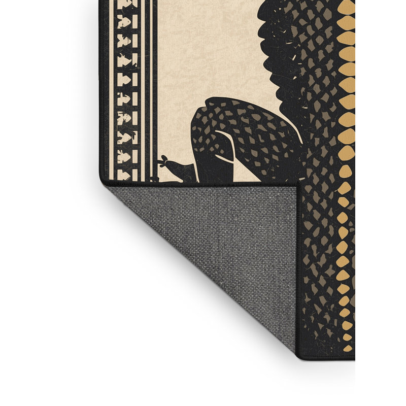 Tapis beige moelleux à imprimé de blocs d'inspiration mondiale en forme de dragon en peluche douce et noire, 6 x 9