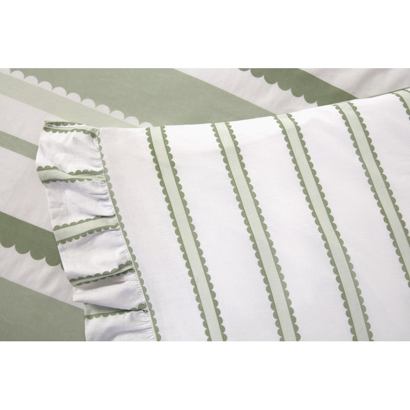 Maya Frilled Cotton Blend Striped Duvet Cover Set, Green, Kingsize