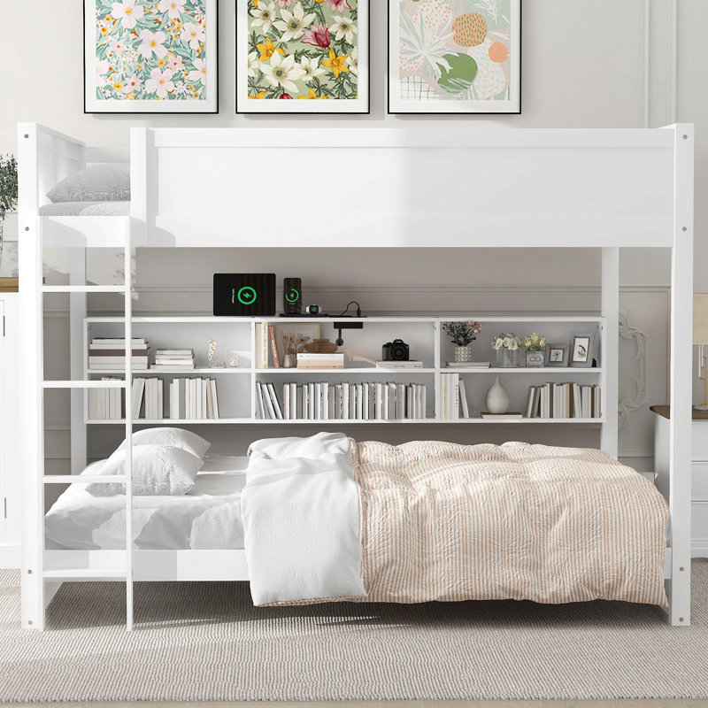 Lit superposé grand sur grand avec armoires de rangement et ports USB, Blanc
