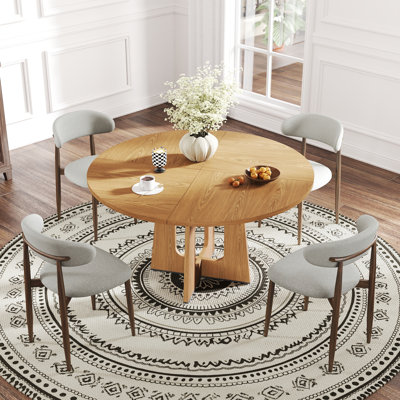 47" Round Dining Table Set for 4-6, Modern Kitchen Table with Upholstered Linen Fabric Chairs, Dining Set for Dining Room, Kitchen, Apartment, Small Space, Breakfast Nook, Restaurant