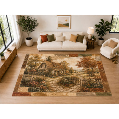 "Ultra Light Weight" Large 6'7" x 9'10" Cottage Garden Area Rug for Dining, Living room, Bedroom, Soft Low Pile Indoor Rug with Non-Slip Silicone Backing, Beige Rust