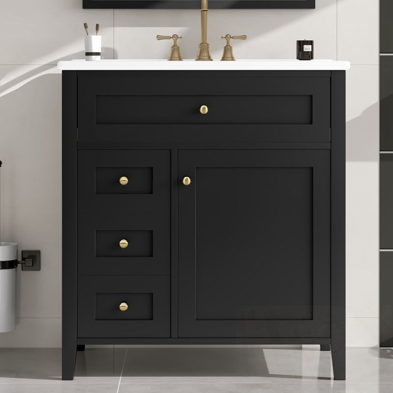 Meuble-lavabo avec lavabo, 3 tiroirs et tablette réglable, Noir/or