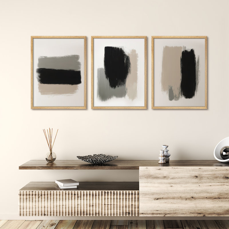 «Neutral Brushstroke», ensemble d'art mural encadré - peinture abstraite moderne 3 pièces en noir, gris et beige, œuvre minimaliste pour un salon ou un bureau contemporain